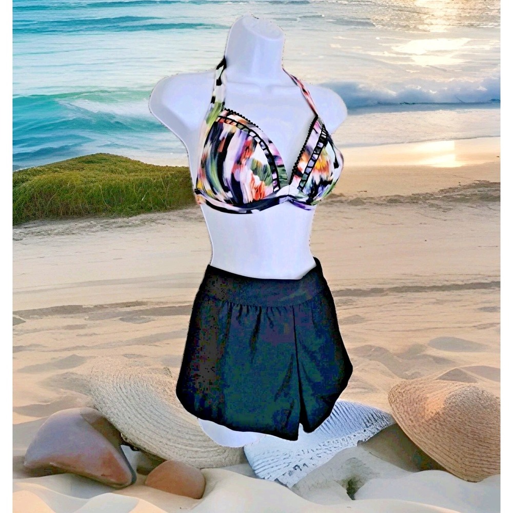 Sunseeker Bathing Suit Top‎ 10 Cup B-C Multicolor/All In Motion M Black Bottom